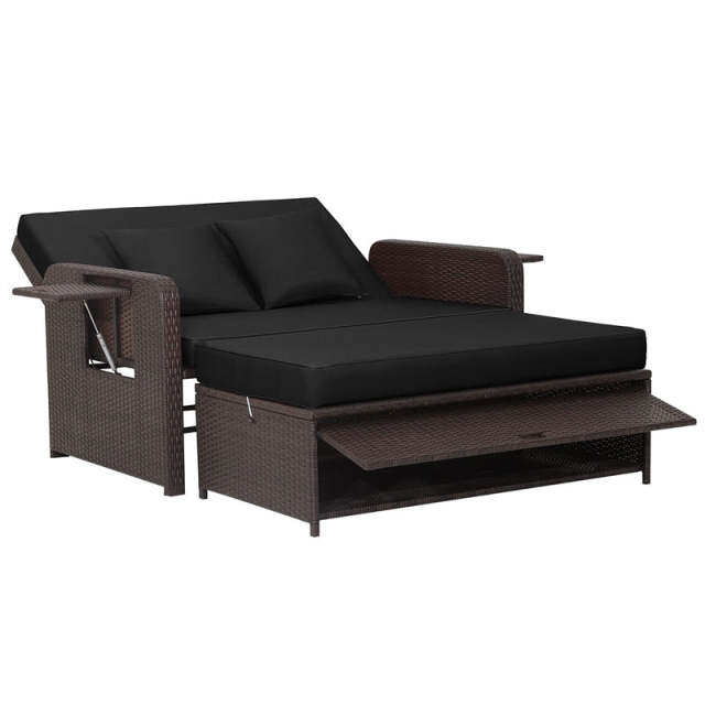 Patio Rattan Daybed Set, Outdoor Wicker Loveseat Sofa w/Multipurpose Ottoman, Retractable Side Tray, 4-Level Adjustable Backrest & Cushions