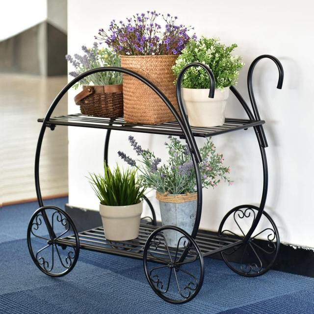 2-Tier Heavy Duty Metal Flower Cart Plant Stand Parisian Style Garden Plant Shelf Flower Pot Display Rack Holder with 4 Decorative Wheels