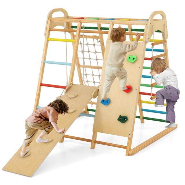 8-in-1 Kids Indoor Jungle Gym, Wooden Montessori Playground Climbing Playset with Slide, Swing, Monkey Bars, Rope Ladder for Boys & Girls