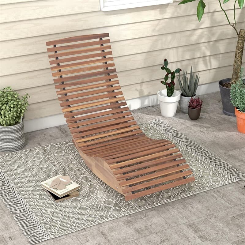 Acacia Wood Rocking Sun Lounger with Widened Slatted Seat & High Back, Outdoor Chaise Lounge Chair for Poolside, Backyard & Garden