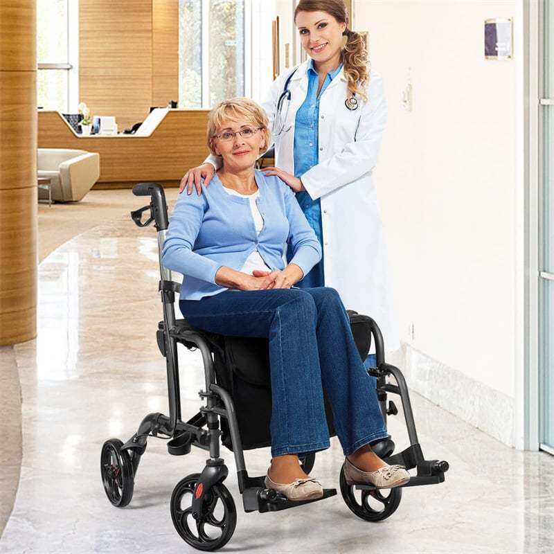 2-in-1 Folding Rollator Walker with Seat for Seniors, Aluminum Medical Walker Transport Chair Combo with 8" Wheels, Adjustable Handle & Backrest