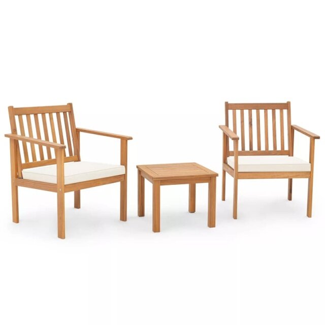 3 Pieces Patio Wood Furniture Set Acacia Wood Chairs & Coffee Table Set with Soft Seat Cushions & Slatted Design for Porch Yard Balcony