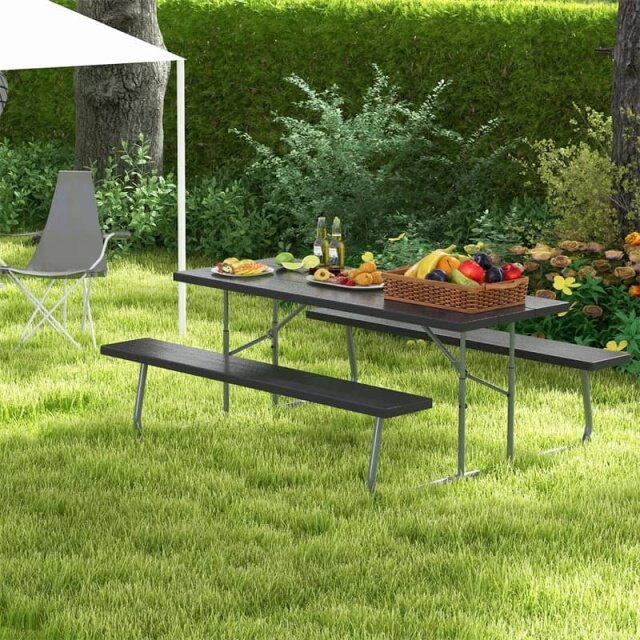8-Person 6FT Folding Picnic Table & Bench Set, Heavy Duty All-Weather HDPE Outdoor Dining Table with Umbrella Hole & 2 Built-in Benches