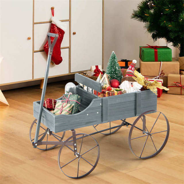 Wooden Wagon Planter with Wheels, Adjustable Handle, 2 Planting Sections, Decorative Garden Cart Planter for Indoor Outdoor, Patio, Backyard