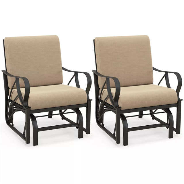2PCS Outdoor Gliders with Cushions, Curved Armrests & Metal Frame, Ergonomic Patio Rocking Chairs for Porch, Backyard, Poolside