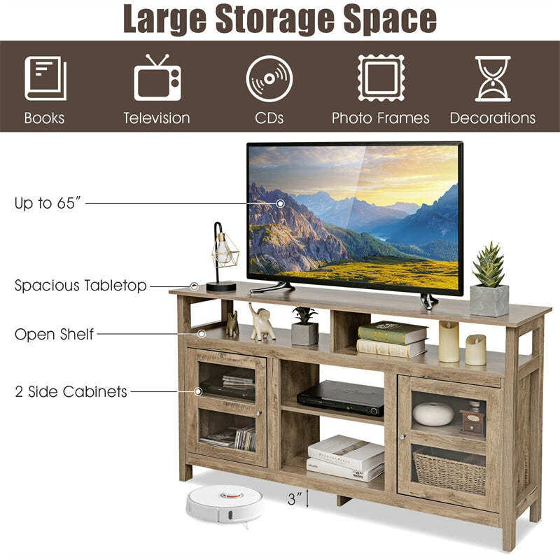 58" Fireplace TV Stand for TVs up to 65", Farmhouse Wood Media Console with 2 Cabinets & 4 Shelves, Entertainment Center for 18" Fireplace
