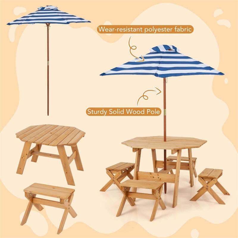 Kids Picnic Table & Bench Set, Fir Wood Octagon Table with Chairs & Removable Umbrella, Toddler Activity Furniture for Patio Garden Backyard