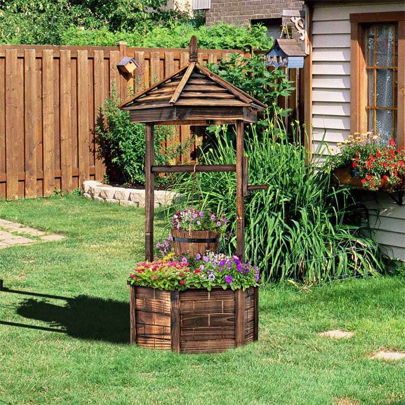 Rustic Wooden Wishing Well Planter with Hanging Bucket, Roof Shadow, Reinforced Rod, Hexagon Wishing Well for Outdoor Backyard, Patio & Garden Decor