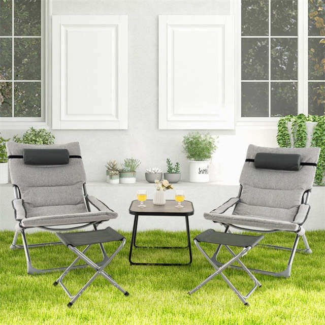 5PCS Patio Sling Chair Set, Folding Lounge Chairs with Ottoman, Coffee Table, Removable Cushion & Headrest, Portable Outdoor Reclining Set for Balcony