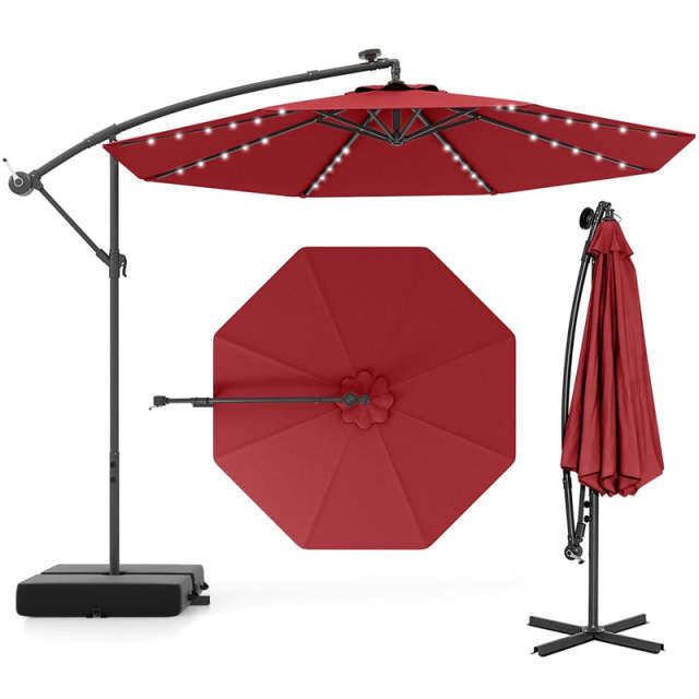 10FT Solar Offset Patio Umbrella, Hanging Cantilever Umbrella with 32 LED Lights, Adjustable Tilt, Sand Bag Base for Garden, Poolside, Yard