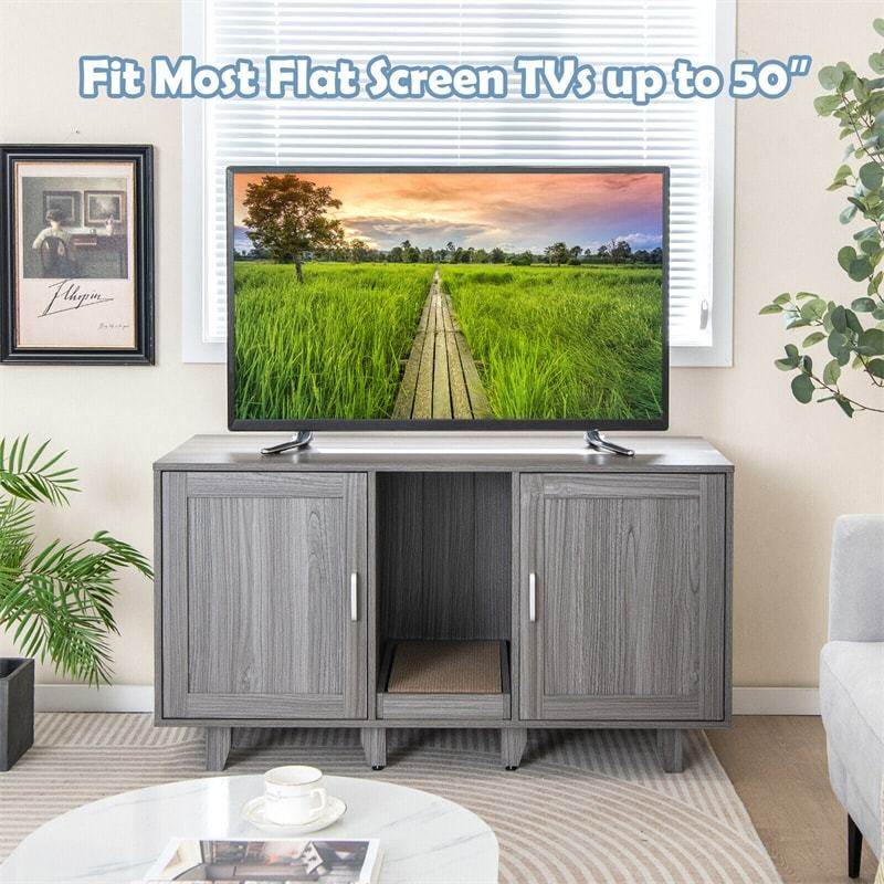 Double Cat Litter Box Enclosure, Large Hidden Cat Washroom Furniture with 2 Cabinets & Scratching Board, Cat House TV Stand Side Table