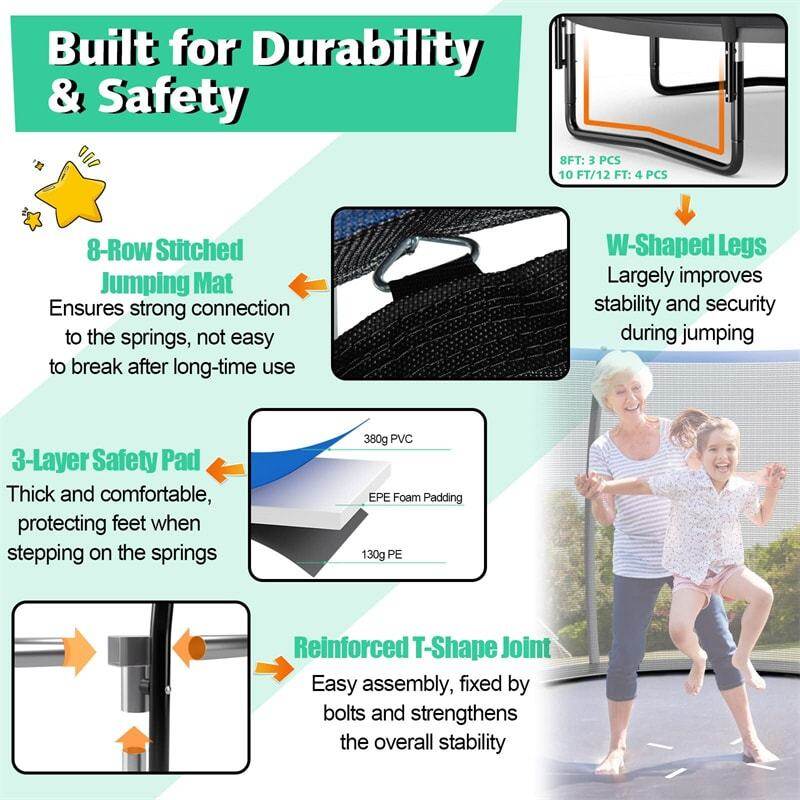 8FT Trampoline Outdoor Recreational Trampoline with Enclosure Net Safety Pad & Ladder for Kids Adults