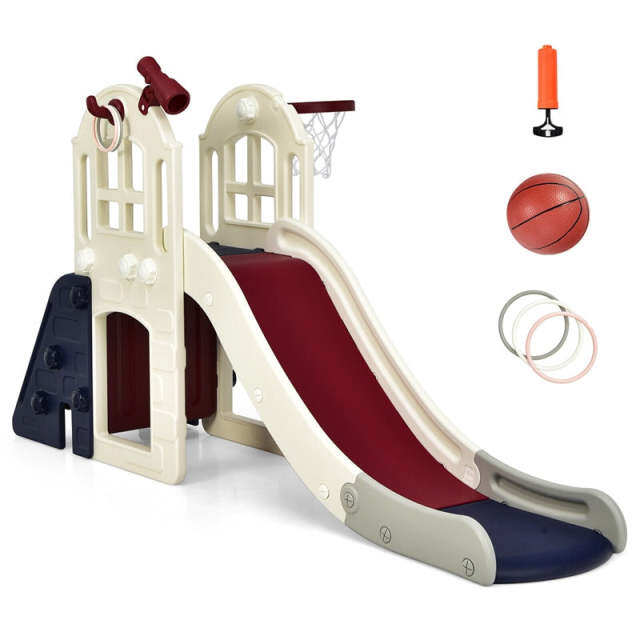 6-in-1 Large Slide for Kids, Toddler Climber Slide Playset with Basketball Hoop, Ring Toss, Freestanding for Indoor & Outdoor Use