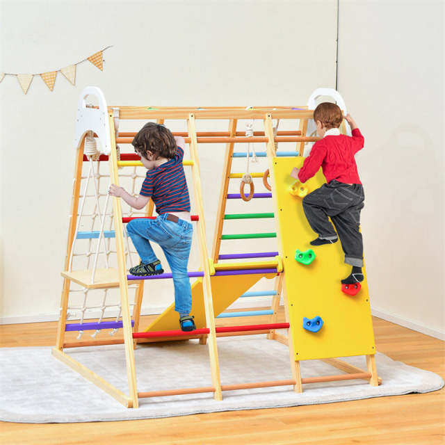 Indoor Jungle Gym for Kids, 8-in-1 Toddler Wooden Montessori Indoor Playground Climber Playset with Slide, Monkey Bars, Climbing Rock & Net