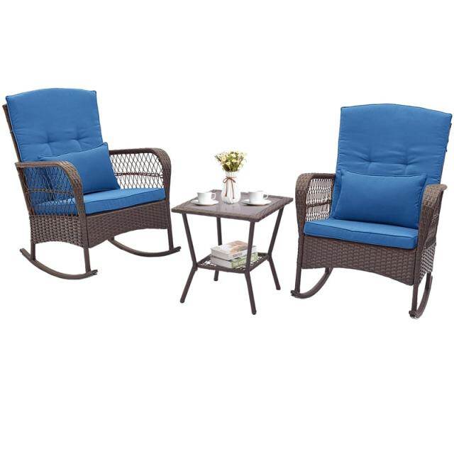 3-Piece Rattan Patio Rocker Set with 2 Rocking Chairs, Tempered Glass Coffee Table & Cushions, Outdoor Bistro Set for Porch, Poolside, Backyard