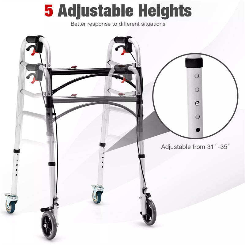 4-in-1 Folding Rollator Walker for Seniors with Seat, Wheels & Brakes, Height Adjustable Stand-Up Walker 350lbs Medical Walking Mobility Aid for Adult