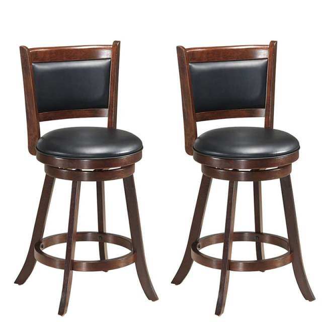 Swivel Bar Stool Set of 2, Rubber Wood 24" Counter Height Bar Stools with PVC Leather Cushioned Seat & Back for Kitchen Island, Pub, Restaurant