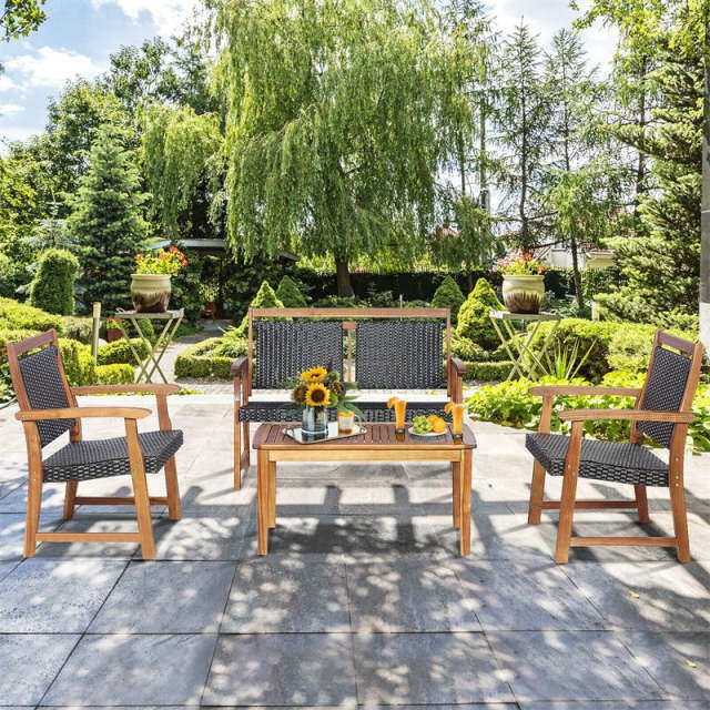 4PCS Patio Rattan Furniture Set Acacia Wood Frame with Coffee Table, Wicker Bench & Chairs, Outdoor Conversation Set for Garden Yard Poolside