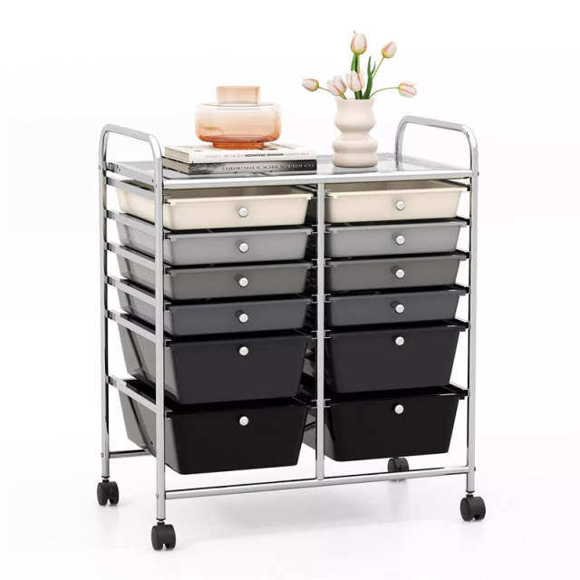 12-Drawer Rolling Storage Cart, Multipurpose Organizer Cart with Lockable Casters, Mobile Utility Cart for School Office Beauty Salon