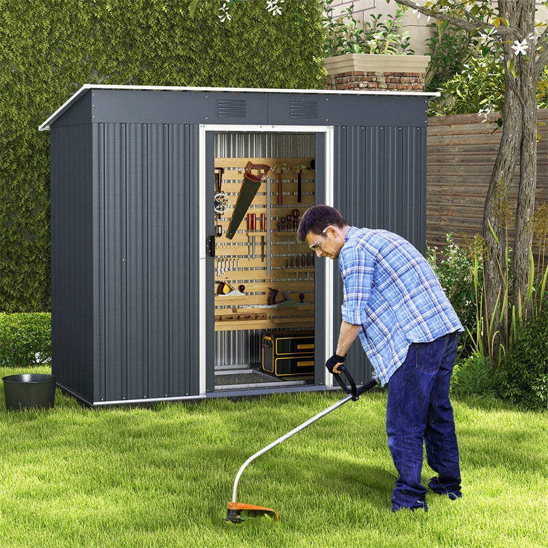 3.6' x 7.1' Outdoor Metal Storage Shed with Floor Base & Lockable Door, Weather-Resistant Garden Tool House for Backyard Patio Lawn