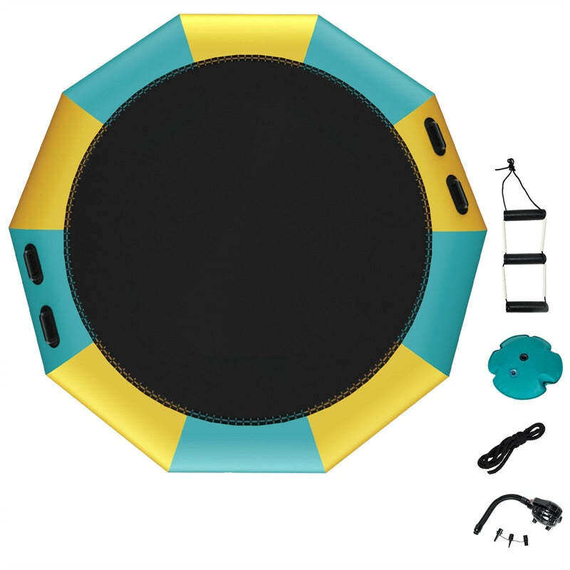 12FT Inflatable Water Trampoline, Recreational Water Bouncer with Electric Pump, Safety Ropes & Rope Ladder for Lakes & Pools