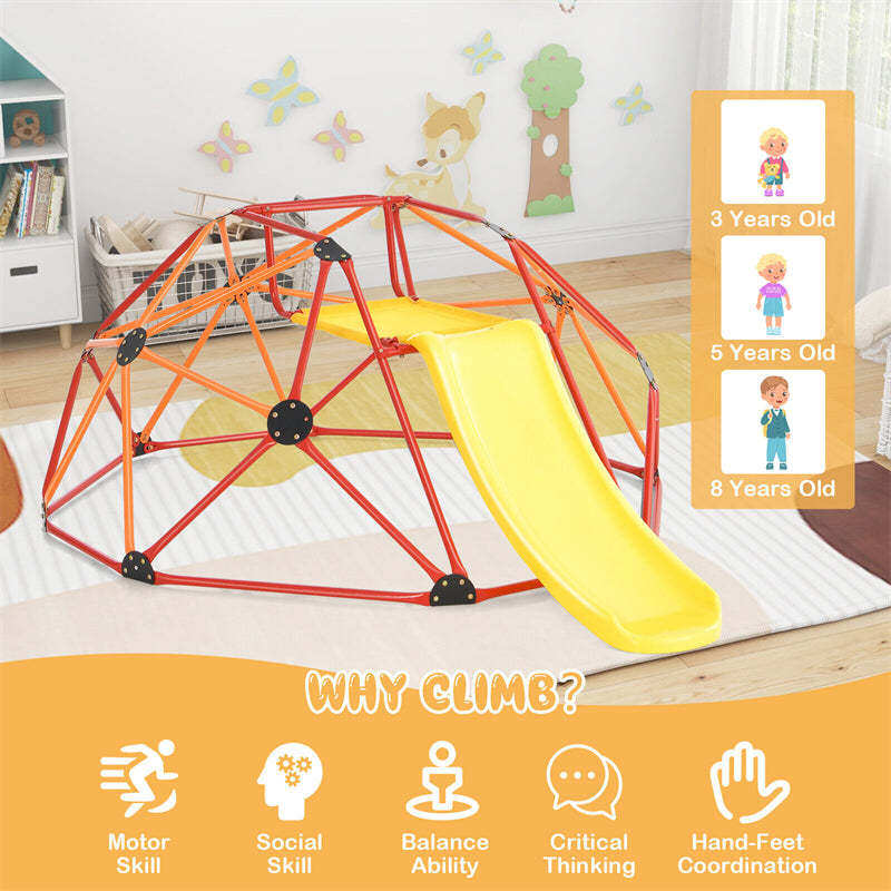 8FT Climbing Dome with Slide, 2-in-1 Geometric Dome Climber Indoor Outdoor Jungle Gym Monkey Bar Climbing Toys for Kids & Toddlers
