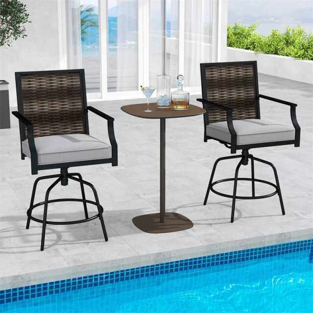 Outdoor PE Wicker Swivel Bar Stools Set of 2, Metal Counter Height Patio Chairs with Back & Cushions for Patio, Backyard & Poolside