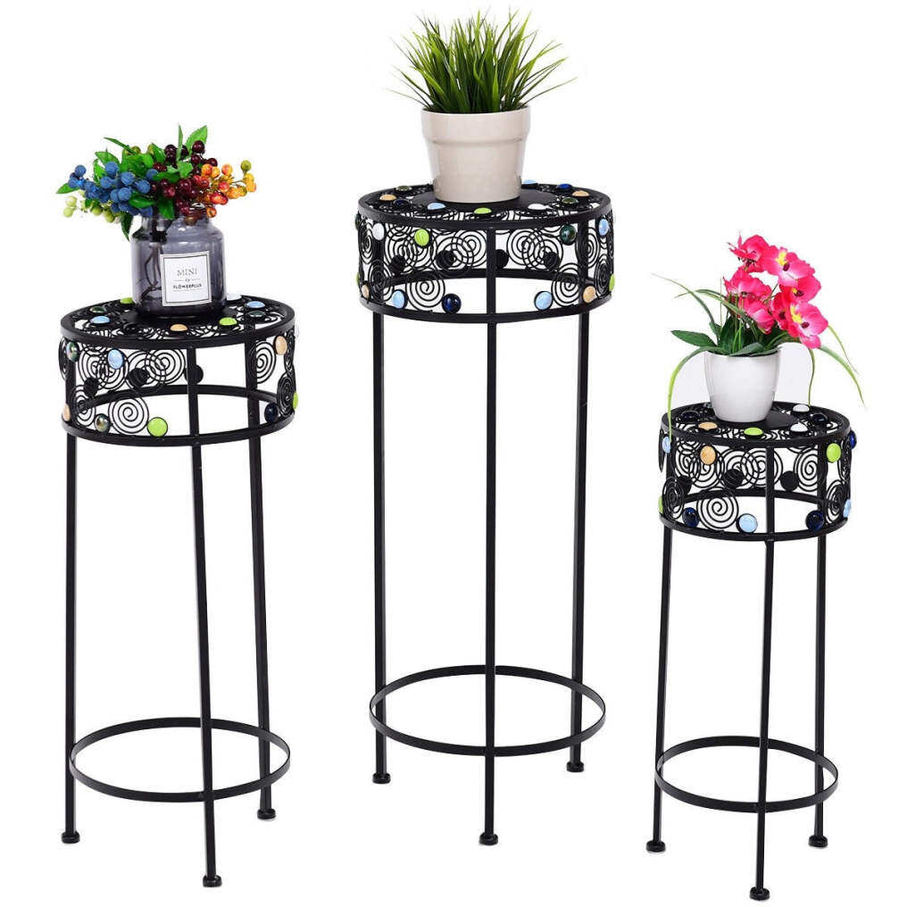 3 Pcs Round Metal Plant Stand Ceramic Beads Flower Display Rack