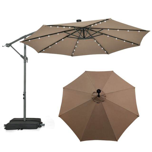 10FT Solar Offset Patio Umbrella, Hanging Cantilever Umbrella with 32 LED Lights, Adjustable Tilt, Sand Bag Base for Garden, Poolside, Yard