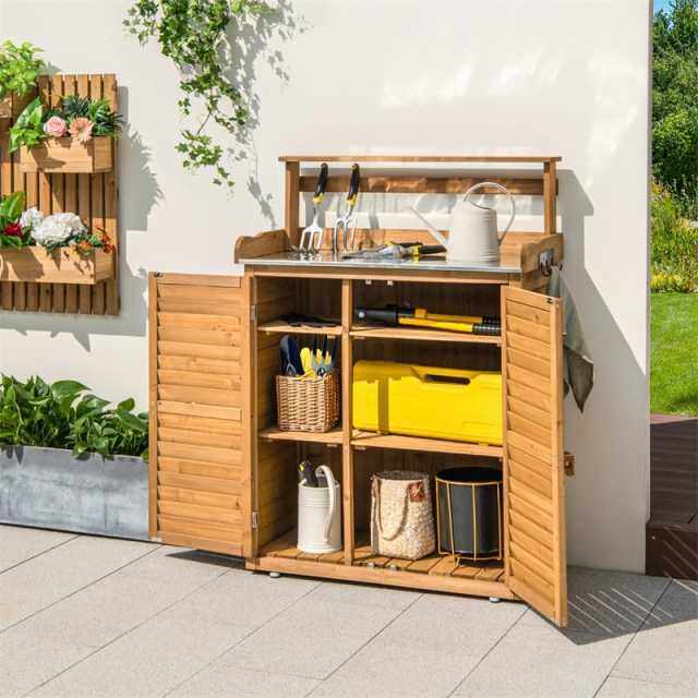 Outdoor Potting Bench Wood Garden Potting Table w/ Storage Cabinet, Galvanized Metal Tabletop & Removable Shelves, Workstation Shed for Patio Backyard