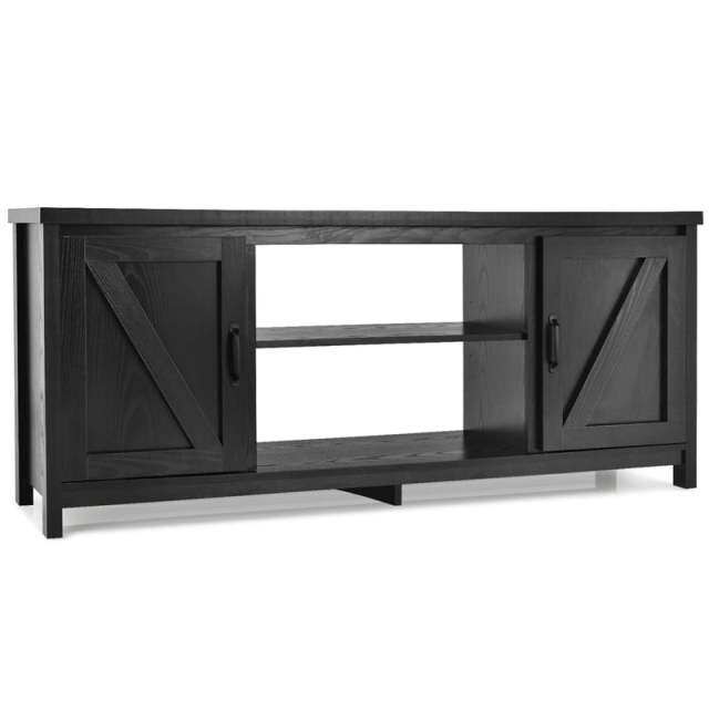 59" Fireplace TV Stand for TVs Up to 65", Farmhouse Wooden Media Console Table with Barn Doors, Storage Cabinet, Adjustable Shelves