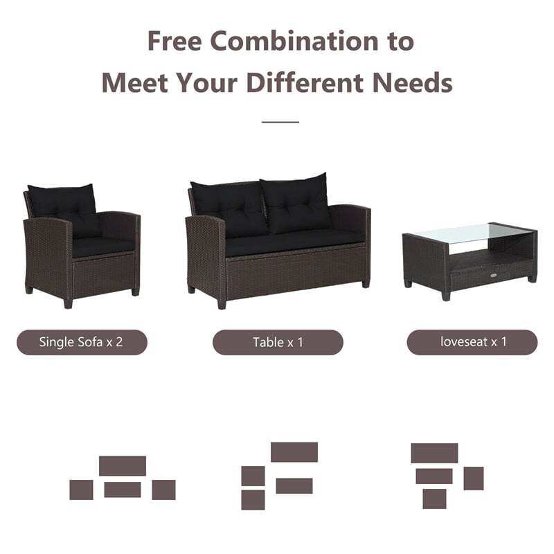 4 Piece Outdoor Rattan Furniture Set, Patio Conversation Set with Lower Shelf Coffee Table, Loveseat, 2 Cushioned Chairs for Garden Backyard
