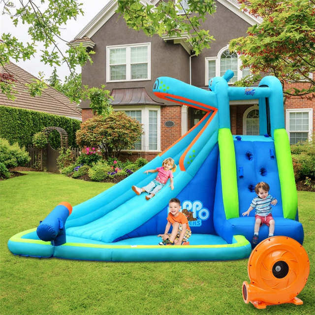 Inflatable Water Slide, Hippo Theme Bounce House Water Park with Long Slide, 740W Blower, Splash Pool & Climbing Wall for Kids Backyard Party Gifts