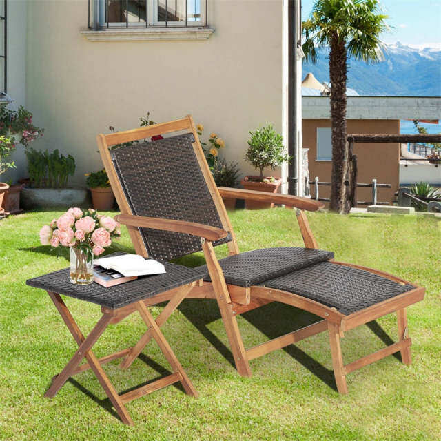 2-Piece Acacia Wood Folding Wicker Patio Lounge Chair Side Table Set with Retractable Footrest