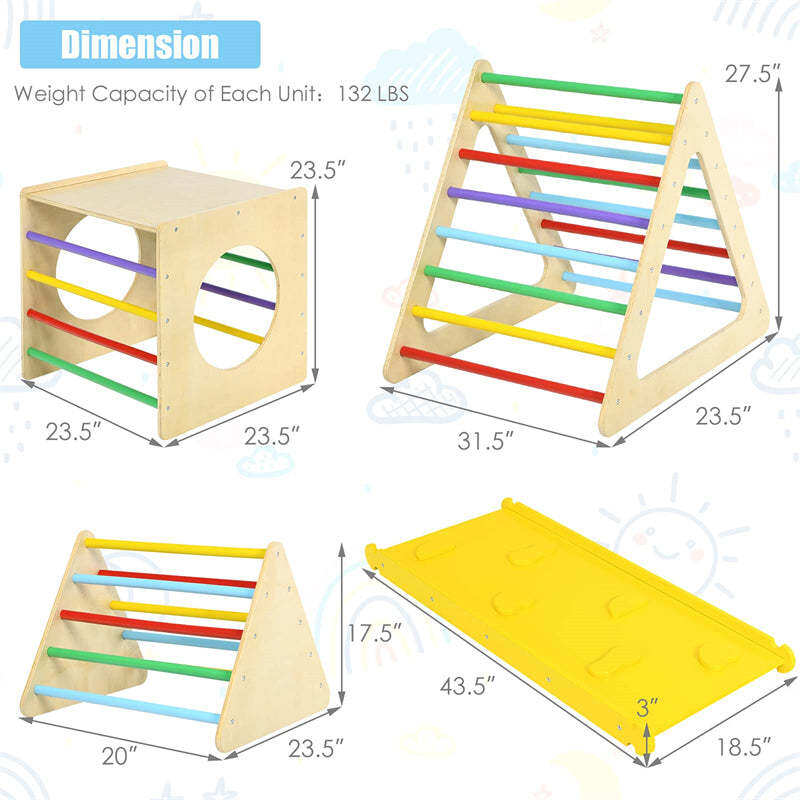 5-in-1 Kids Pikler Triangle Climber Wooden Toddler Climbing Triangle Set with 2 Sliding Ramps & Ladder