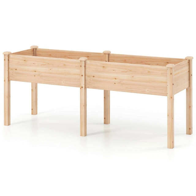 Wood Raised Garden Bed with 6 Legs, Divider Panel & Drainage, Elevated Planter Box for Vegetables, Flowers, 73x23x30 Inch