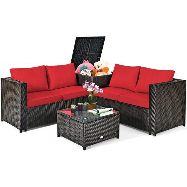 4 Piece Rattan Patio Conversation Furniture Set with Loveseat, Storage Box, Glass Top Coffee Table & Waterproof Cover for Garden, Poolside