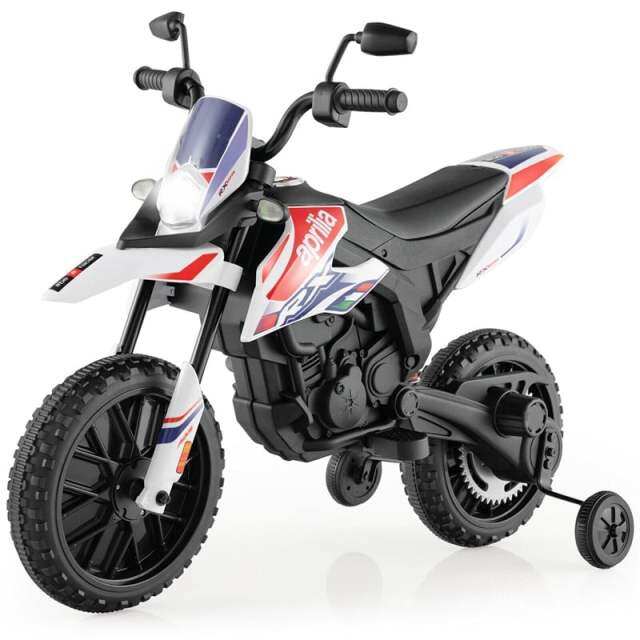 12V Kids Ride On Motorcycle, Licensed Aprilia Electric Dirt Bike with Training Wheels & Headlights, Battery Powered Ride On Car for Ages 3+