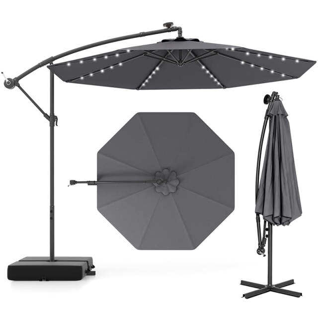 10FT Solar Offset Patio Umbrella, Hanging Cantilever Umbrella with 32 LED Lights, Adjustable Tilt, Sand Bag Base for Garden, Poolside, Yard