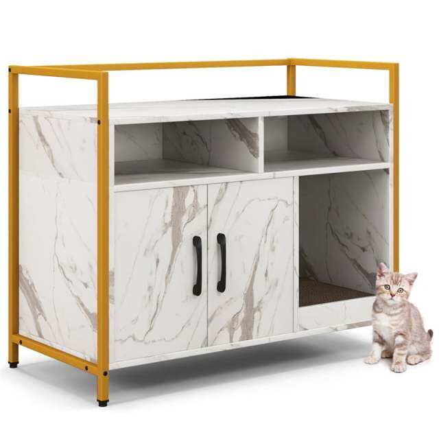 Large Cat Litter Box Enclosure 2-Door Wood Hidden Cat Washroom Furniture with Winding Entry, Scratcher & 2 Compartments