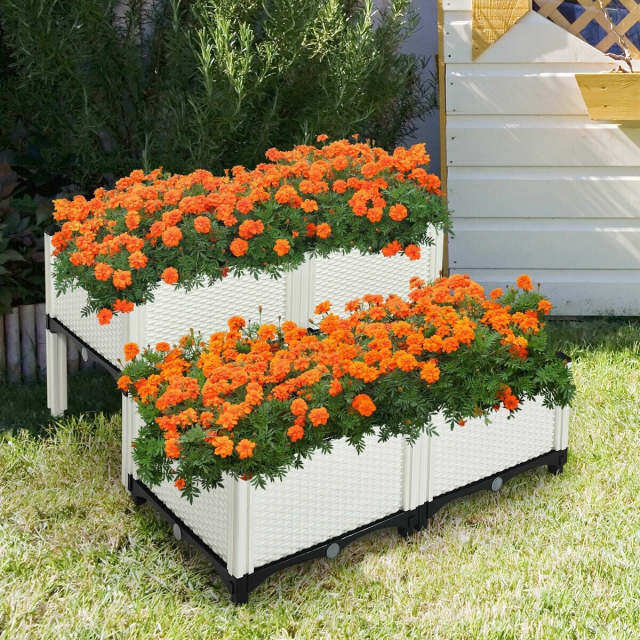 4 Pack Raised Garden Bed Kit, Self-Watering Elevated Planter Box with Removable Legs & Drainage Holes for Vegetables Flowers, Indoors Outdoors