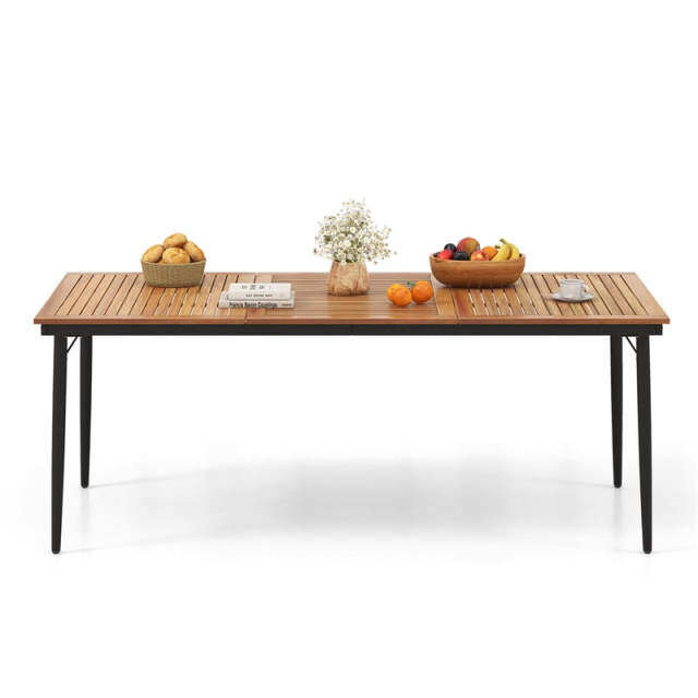 79" Acacia Wood Outdoor Patio Table, 8-Person Rectangular Dining Table w/ 1.9" Umbrella Hole, Metal Frame, Adjustable Foot Pads for Poolside, Backyard