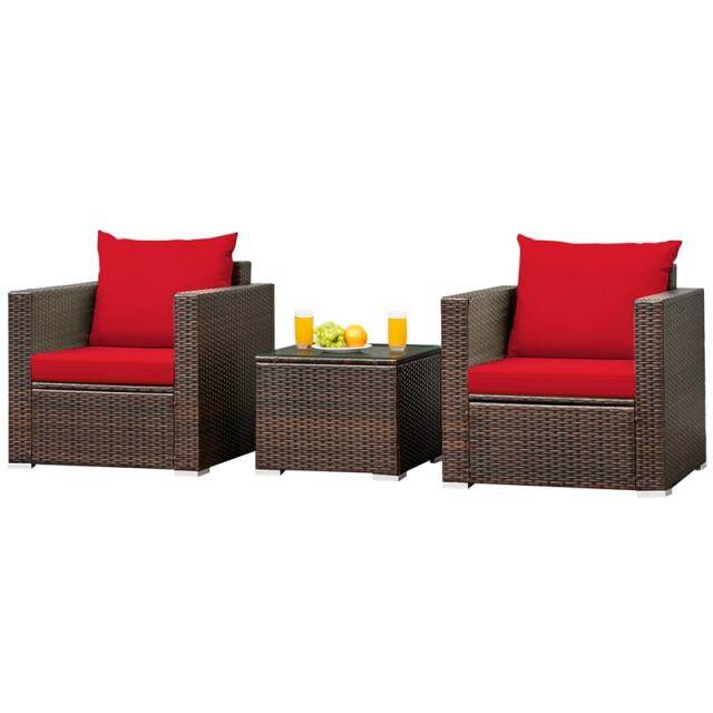 3 Piece Patio Conversation Set, Outdoor Rattan Sofa Furniture Set with Washable Cushions & Tempered Glass Coffee Table for Poolside Backyard
