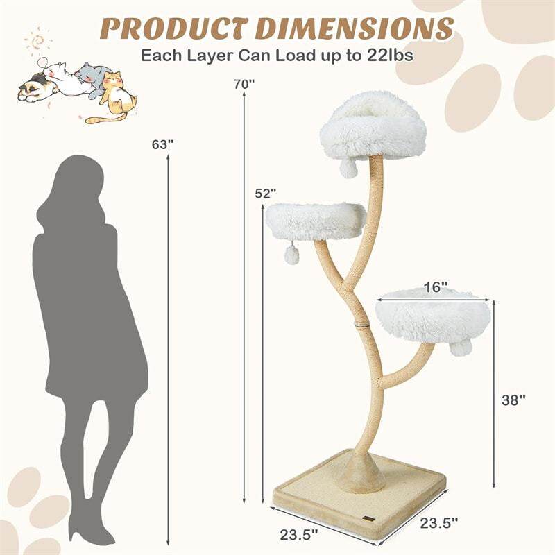 70" Tall Cat Tree, Multi-Level Cat Tower with 3 Cozy Perches, Scratching Posts, Board & Jingling Balls, Modern Cat Tree for Indoor Large Cats