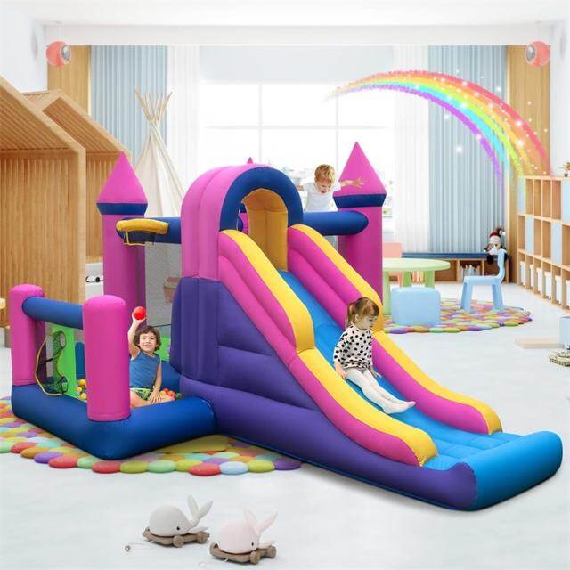 Inflatable Bounce House, 7-in-1 Princess Bouncy Castle with Long Slide, 735W Blower, Ball Pit & Ring Toss Game for Kids 3-10, Backyard Birthday Party