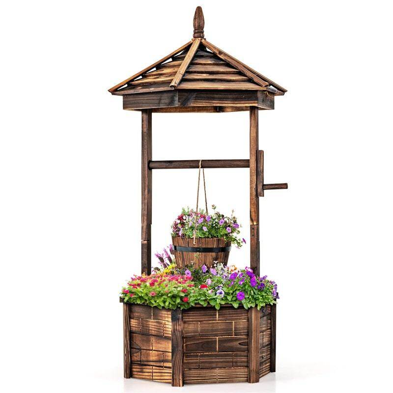 Rustic Wooden Wishing Well Planter with Hanging Bucket, Roof Shadow, Reinforced Rod, Hexagon Wishing Well for Outdoor Backyard, Patio & Garden Decor