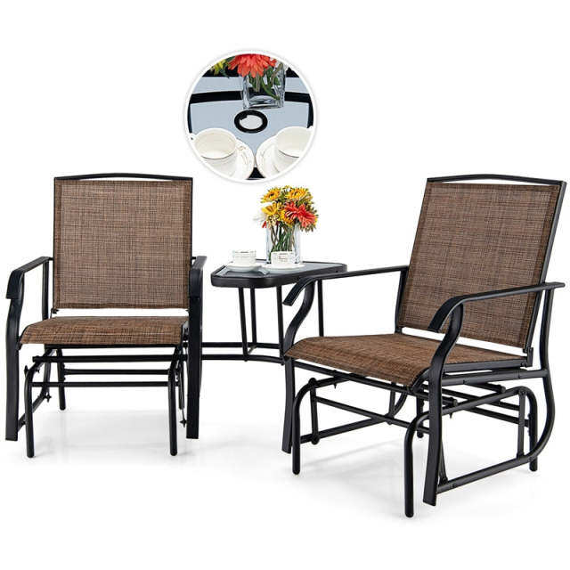 Bestoutdor Double Glider Chairs with Glass Table & Umbrella Hole, Steel Frame Patio 2-Person Rocking Chairs Breathable Fabric