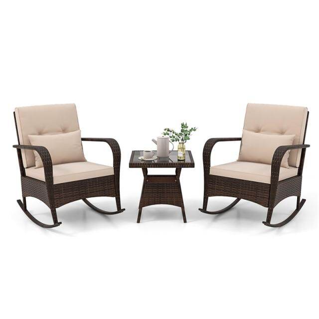 3-Piece PE Rattan Rocking Bistro Set with Removable Cushions & Tempered Glass Table, Outdoor Patio Furniture Set for Porch, Poolside, Backyard