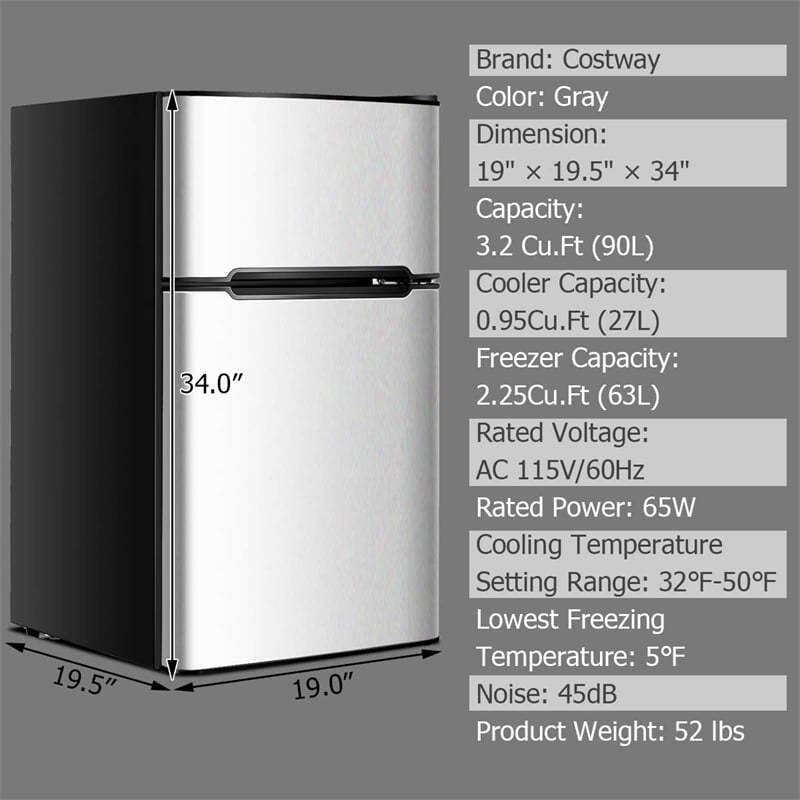 3.2 Cu. Ft. 2-Door Mini Fridge with Freezer, Compact Refrigerator with Temperature Control, Removable Shelves & Reversible Door for Dorm Office