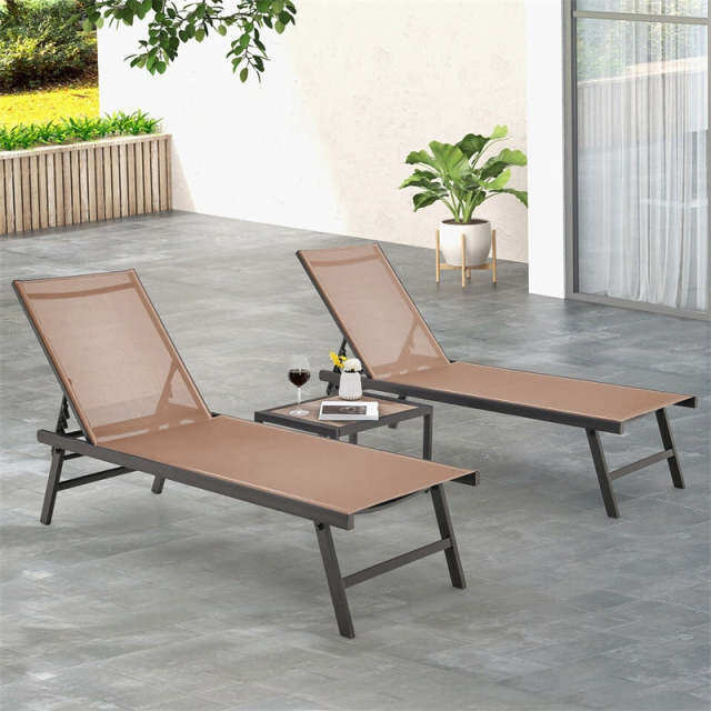 3-Piece Outdoor Aluminum Chaise Lounge Set with Side Table, 6-Position Adjustable Backrest Patio Lounge Chair for Poolside & Backyard